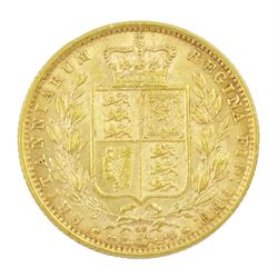 Queen Victoria 1872 gold full sovereign coin, shield back, die No. 82
