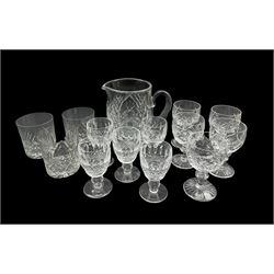 Waterford cut glass water jug H16cm, five Waterford Colleen pattern sherry glasses, five Webb Corbett small wine glasses, and other glass