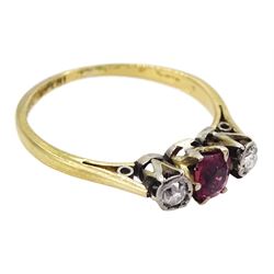 Early 20th century 18ct gold three stone pink topaz and old cut diamond ring, stamped