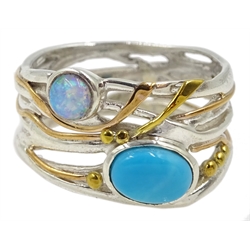 Silver and 14ct gold wire opal and turquoise  ring, stamped 925