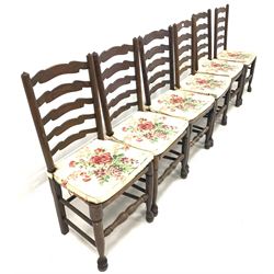 Near set of twelve 19th century oak ladderback dining chairs with string seats and turned supports united by stretchers W46cm