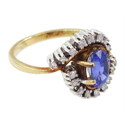 9ct gold oval cut sapphire and diamond crossover cluster ring, sapphire approx 1.50 carat, total diamond weight approx 0.20 carat
