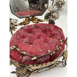 19th century French marriage throne 'Globe de Mariee', the floral gilt brass frame set with etched mirrors, porcelain flowers and red velvet cushion, H51cm 