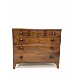 Mid 19th century mahogany chest, the top with geometric boxwood and ebonised string inlay over three short and three long graduated drawers, raised on splayed bracket supports W119cm, H102cm D54cm