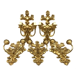 Set of five gilt two-branch wall sconces, H41cm 