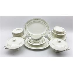 Wedgwood Westbury pattern dinner service comprising eight dinner plates, eight soup bowls, eight dessert plates, eight dessert bowls, eight side plates, three vegetable dishes and covers, sauce boat and stand, three open serving bowls and two graduated meat plates (50)

