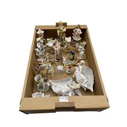 Group of Continental porcelain bisque figures, other figures, Staffordshire trinket box, pair of shell vases etc in one box