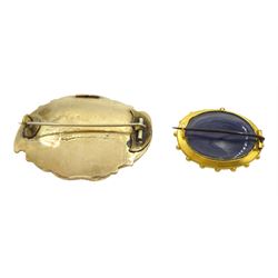 Victorian Etruscan revival gold brooch, with glazed back and one other Victorian gold enamel and hairwork memorial brooch