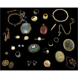 Collection of Victorian and later jewellery including pietra dura flower brooch, agate pendant, lava brooch, carved ivory and 18ct gold ring, jade ring, gold filled bamboo hinged bangle, gold propelling pencil, rose gold cameo ring and bar brooch, gold stone set pendant necklaces and two gold stone set rings, all 9ct hallmarked or tested