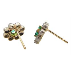 Pair of Victorian silver and gold emerald and old cut diamond cluster stud earrings, in velvet lined box by Leighton, Burlington Arcade