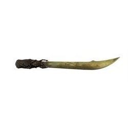 Japanese Meiji engraved brass paper knife, the bronze relief handle modelled as a frog, L30cm