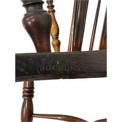 F Walker Rockley -19th century Windsor armchair, the spindle and splat back over elm seat, raised on turned supports united by crinoline stretcher - stamped