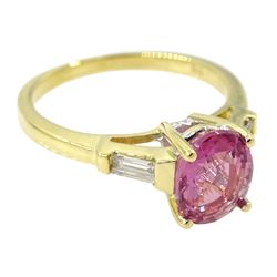 18ct gold oval pink sapphire ring, with tapered baguette diamond shoulders, stamped 18K 750, pink sapphire approx 1.85 carat