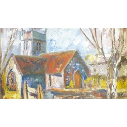  Anne Williams (British 20th century): 'The Red Church', oil on board signed with monogram, titled on label verso 42cm x 73cm and Yorkshire Village, oil on canvas by the same hand unsigned 41cm x 51cm (unframed) (2) Provenance: direct from the artist's family. Anne was a local artist who lived at Malton and later York.   