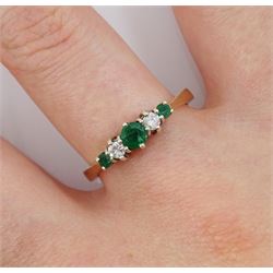 9ct gold five stone round emerald and diamond ring, hallmarked
