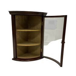 Small mahogany corner cabinet, cylinder glass front enclosing two shelves