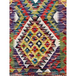 Chobi Kilim ivory ground runner rug, the field decorated with three multi-coloured lozenges, each with central geometric decoration, the border with further diamonds of alternating colour