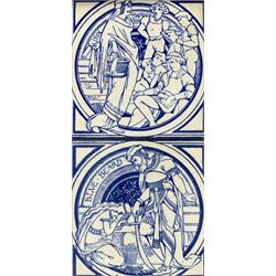 Pair of Victorian Minton John Moyr Smith 'Fairy Tales' tiles, circa 1880, printed in blue and depicting 'Six Swans and 'Blue Beard', printed 'JMS', framed in oak as a pair, framed size H39.5cm, W24cm; together with a H.A. Ollivant sepia floral tile, framed and another framed 19th century tile as a stand (3)