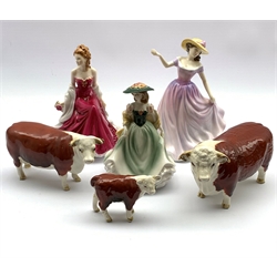 Beswick Hereford Cattle 'CH of Champions' comprising Bull, Cow and calf (a/f) together with two Royal Worcester figures 'Hannah' & 'Ruby Wedding Anniversary' and Royal Doulton figure 'Beth'