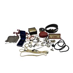 9ct gold ladies rotary wristwatch, stamped 375, on expanding gilt metal strap, silver chainmail purse, giraffe hair belt and two bracelets, Margaret Rose trinket box and a collection of costume jewellery including Wedgewood horse design stick pin, brooches and necklaces etc