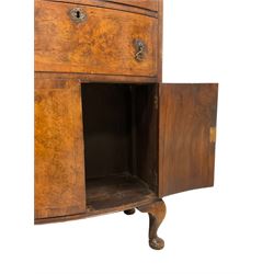 Georgian design narrow figured walnut bow-front chest, fitted with four graduating drawers, each with crossbanded facias and drop handles, over a double cupboard fitted to base, raised on cabriole supports