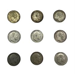 Nine King Edward VII halfcrown coins, dated 1902, two 1903, 1904, 1906, 1907, 1908, 1909 and 1910