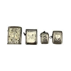 Edwardian silver vesta case engraved with initials Chester 1901 Maker William Aitken, another Birmingham 1910, a small vesta Chester 1902 and a plated slide action vesta case (4)