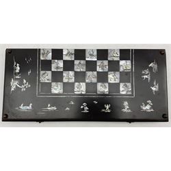 Vietnamese backgammon/chessboard, inlaid with mother of pearl depicting pastoral Vietnamese scenes 