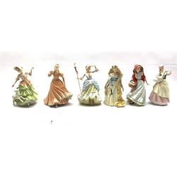 Collection of six Wedgwood Danbury Mint fairy tale figures including Cinderella, Red Riding Hood, Little Bo Peep, Mary had a Little Lamb, Goose Girl and Rapunzel with certificates