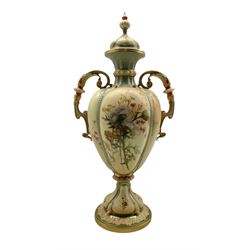 Late Victorian Royal Worcester blush ivory porcelain vase and cover raised on pedestal c1898, of twin-handled lobed form decorated with thistles and flowers, no. 197 H40cm