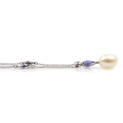 18ct white gold iolite, pearl and diamond pendant necklace, hallmarked, retailed by Jill Freeman, in original case