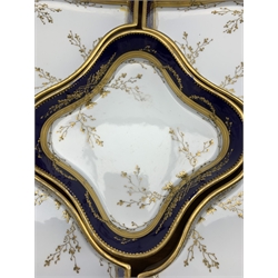 19th century Fischer & Mieg porcelain hors d'oeuvres dish on fitted walnut tray,  37cm x 37cm 