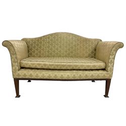 Edwardian mahogany framed two seat settee, humpback over rolled arms and serpentine front with sprung seat, upholstered in foliate patterned sage green damask with loose seat cushion, on tapering supports
Provenance: From the Estate of the late Dowager Lady St Oswald
