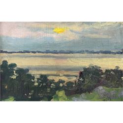 Darrell Morrisey (Canadian 1897-1930): Sunset Landscape, oil on board signed with initials, inscribed and dated 1917 verso 13cm x 19cm