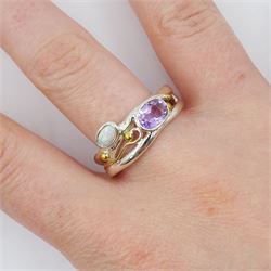Silver and 14ct gold wire amethyst and opal ring, stamped 925