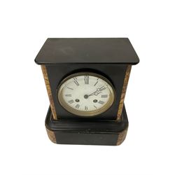 French - 8-day striking mantle clock in a Belgium slate and marble case, white enamel dial with Roman numerals and steel moon hands, striking the hours and half hours on a bell.