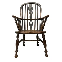 19th century oak and beech Windsor chair, high hoop and stick back with pierced splat over shaped saddle seat, raised on ring turned supports united by H-stretcher