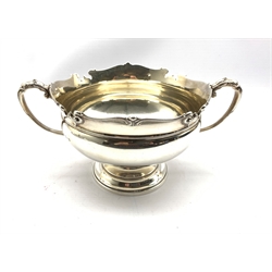 Silver two handled circular bowl with scroll moulded border and handles on a pedestal foot 12cm x 18cm Birmingham 1930 Maker Ollivant and Botsford 14oz 