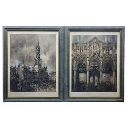 After Camille Fonce (French 1867-1938): Brussels Town Hall - Belgium, pair etchings and aquatints with hand-colouring signed in pencil pub. Paris 1917, 60cm x 47cm (2)