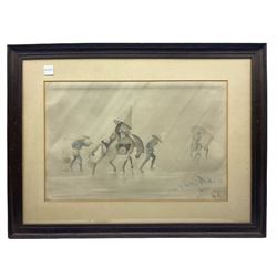 Japanese School (early 20th century): Figures Wearing Kasas in Rain, watercolour indistinctly signed 32cm x 49cm