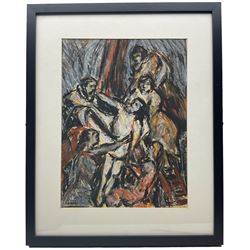 Barry De More (Northern British 1948-2023) after Peter Paul Rubens (Flemish 1577-1640): 'Descent from the Cross', oil pastel signed titled and dated 2014 verso 38cm x 28cm
Provenance: direct from the family of the artist Notes: a Yorkshire Artist and Associate Member of Dean Clough Studio Artists, De More's works have been exhibited in galleries such as The Stirling Smith Art Gallery and The Whitaker Museum