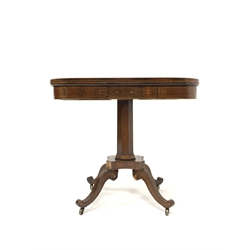 Regency crossbanded rosewood card table with fold over baize lined top on a panel sided column, platform base and quartette splay supports W92cm