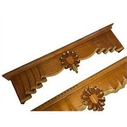 Mid-to-late 20th century matched set of six graduating cherry wood and walnut box curtain pelmets or cornices, projecting gadroon carved cornice over folded linen swags with central ruffled cartouche, parcel gilt finish