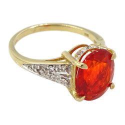 9ct gold single stone fire opal ring, with diamond shoulders and gallery, hallmarked 