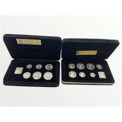 Isle of Man sterling silver 1978 coin set commemorating The 25th Anniversary of the Coronation of Her Majesty Queen Elizabeth II and a 1980 sterling silver coin set, both produced by Pobjoy Mint Ltd, both cased with certificates (2)