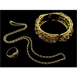 9ct gold belcher link chain necklace, stamped 375,  gold three stone sapphire ring, hallmarked and a gilt hinged bangle