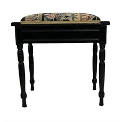 George III design mahogany hanging corner cabinet, glazed door enclosing single shelf (W65cm H78cm); and early 20th century ebonised piano stool, hinged seat upholstered in cross-stitch fabric, raised on turned supports (W53cm H53cm)
