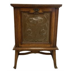 Arts & Crafts period oak coal box, the fall front with copper panel embossed with tulip flowers 