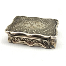 Victorian silver vinaigrette with engine turned decoration and vacant cartouche and gilded interior L3cm Birmingham 1872 Maker Robert Thornton 