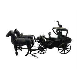 19th century Burmese bronze model of a wedding carriage, the front formed as a dragons head, drawn by two horses and with three figures L37cm and a Chinese bronze figure on horse back (2) 